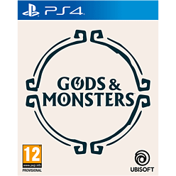Cover art for "Immortals: Fenyx Rising" features a stylized circular design with the title "GODS & MONSTERS" in bold lettering, set against a light background, with PlayStation 4 branding.