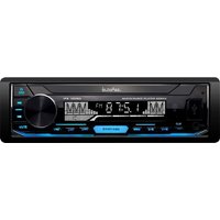 Black In Phase car stereo with digital display, large volume knob, and buttons for BT, USB, SD Card, and AUX inputs.