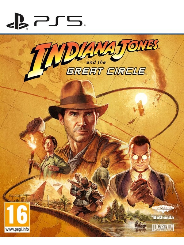 Cover art features Indiana Jones in a tan hat and leather jacket, holding a torch, with a map background and the title "Indiana Jones and the Great Circle" prominently displayed.