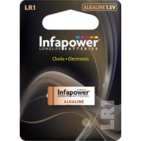 INFAPOWER Alkaline LR1 battery in black packaging with orange accents, labeled "Clocks • Electronics."