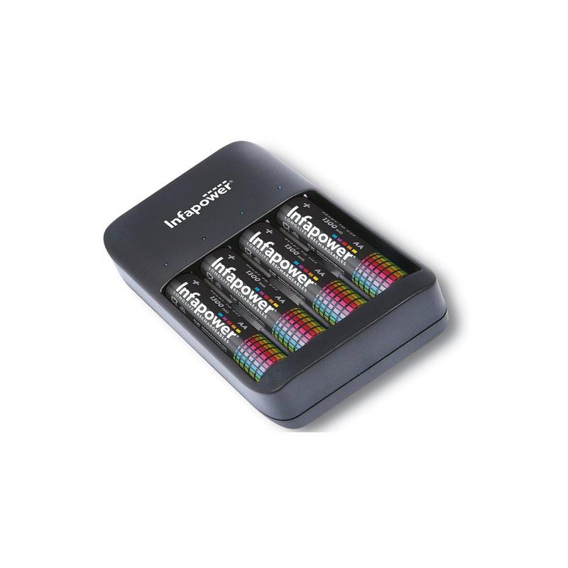 Infapower C015 battery charger in black plastic, featuring slots for multiple rechargeable batteries and a USB port for charging.