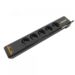 Black power strip with five AC outlets, 230 V, 1.5-meter cord, featuring a sleek design and sturdy plastic material, ideal for connecting multiple devices.