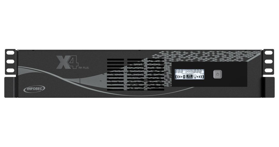 Black Infosec X4 1000 RM Plus UPS with a sleek design, featuring a digital display, ventilation grills, and a modern graphic pattern on the front panel.
