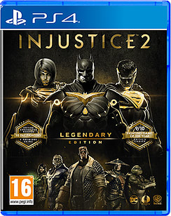 Cover art features Batman, Superman, and other characters in a dark, gold-accented design, with "Injustice 2 Legendary Edition" prominently displayed on a blue PlayStation 4 case.