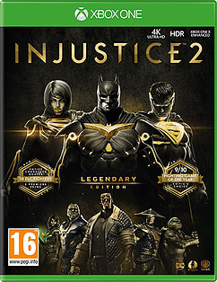Injustice 2 Legendary Edition for Xbox One features a vibrant green case, showcasing Batman, Superman, and other characters with a gold title and ratings prominently displayed.