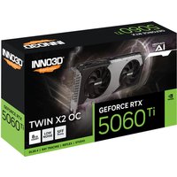 INNO3D GeForce RTX 5060 Ti graphics card with dual fans, black and silver design, in branded packaging.