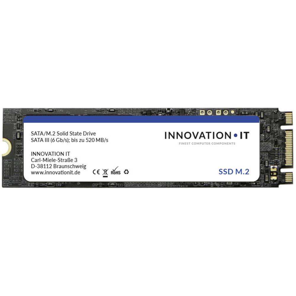 Innovation IT 00-256555 Internal Solid State Drive M.2, 256 GB, featuring a sleek black and silver design with a blue label, supports SATA III with speeds up to 520 MB/s.