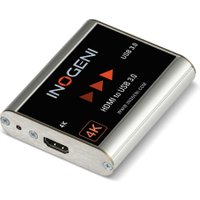 Black and silver INOGENI 4K2USB3 video converter with HDMI and USB 3.0 ports, 4K label on front.