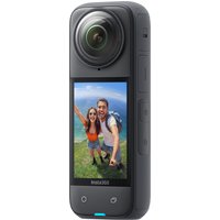 Black Insta360 X4 camera with dual lenses, touchscreen display showing a couple, and control buttons on the side.