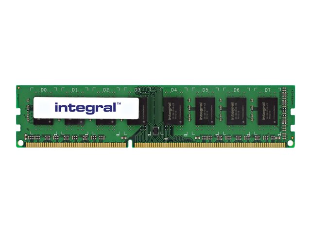 Green circuit board RAM module with eight memory chips, featuring a white "integral" logo and gold connectors, labeled as 8GB DDR3 1600MHz PC3-12800, designed for low voltage use.