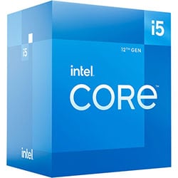 Blue retail box featuring "Intel Core i5" and "12th Gen" text, showcasing a sleek design with a modern logo and hexagonal graphics, indicating a 3.0GHz CPU processor.