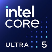 Intel Core Ultra 5 processor box with dark blue background, white text, and pixelated design elements.