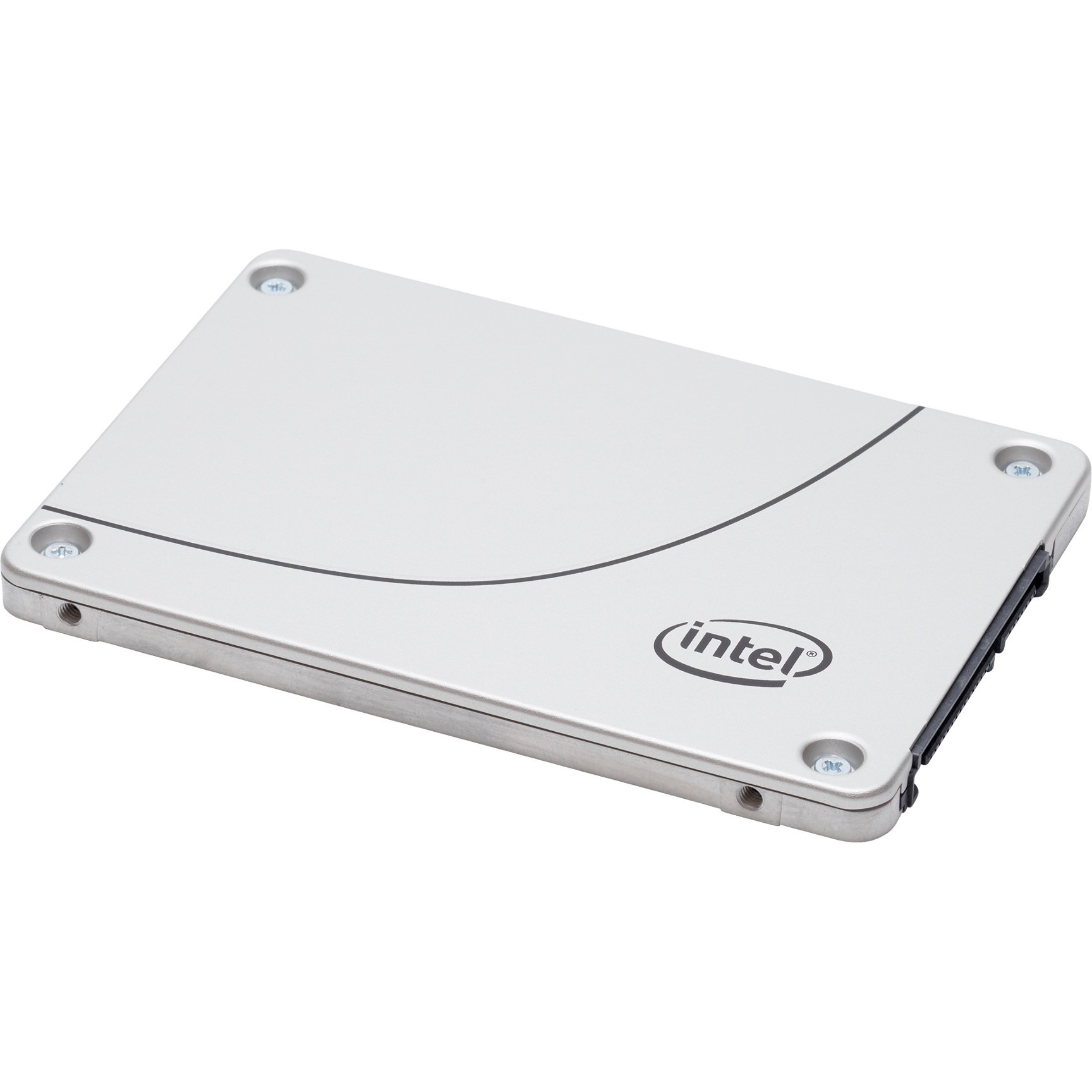 Silver 2.5-inch SSD with a sleek design, featuring the Intel logo, four corner screws, and a Serial ATA III interface, labeled as 240 GB and utilizing 3D TLC technology.