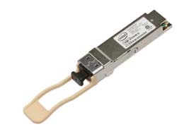 Intel E100GQSFP28SRX Fibre Optic Cable with a sleek metallic casing, featuring a beige pull tab for easy handling and a label detailing specifications.