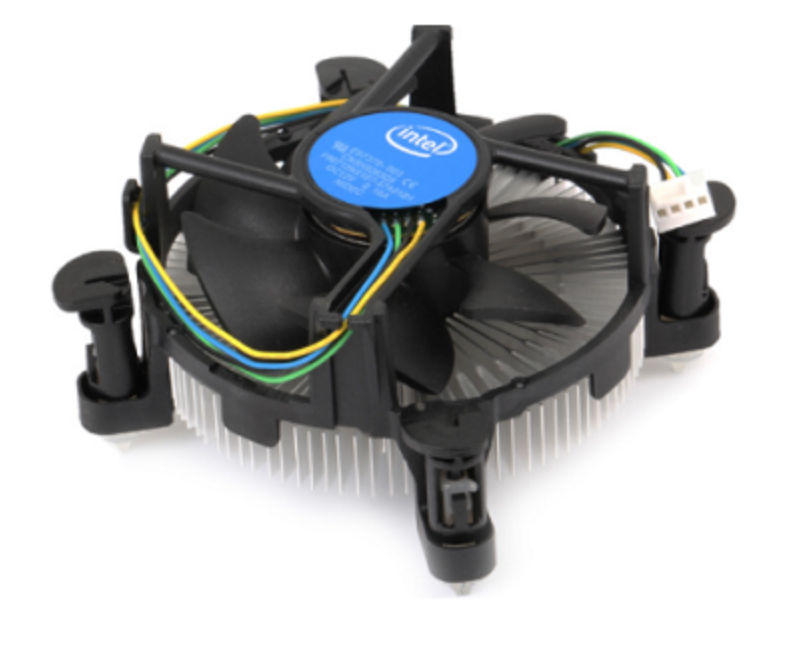 Intel E97379-003 cooling system featuring a black plastic fan, aluminum heatsink with vertical fins, and colorful wiring for efficient processor cooling.
