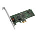 Green printed circuit board network card with a silver metal bracket, featuring a black chip, connectors, and a single Ethernet port for 1000 Mbit/s connectivity.