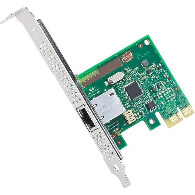 Green circuit board with a silver metal bracket, featuring an Ethernet port and various electronic components, labeled with the Intel logo.