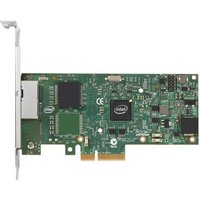 Green Intel I350T2V2BLK network card with dual Ethernet ports and PCIe connector.