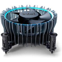 Intel Laminar RM1 air cooler, black with blue LED ring, featuring a circular fan and vertical fin design.