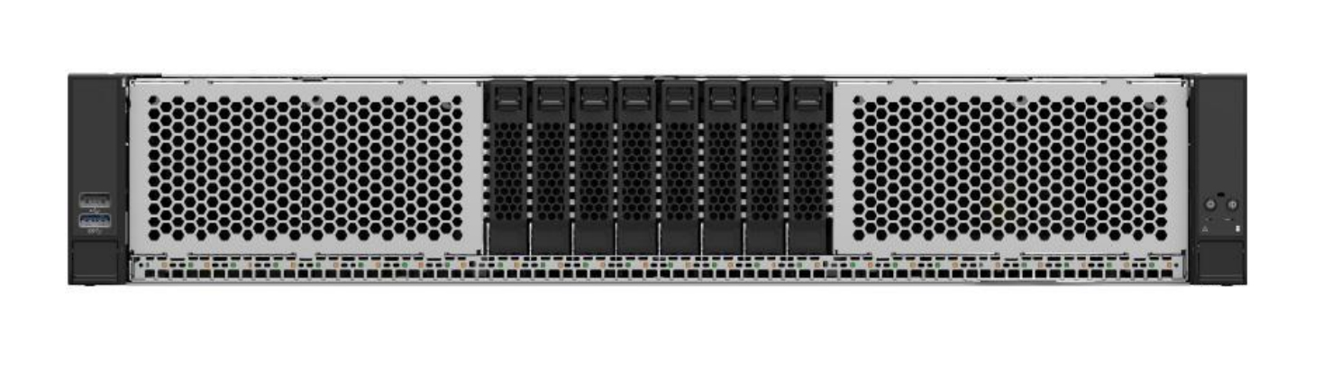 Intel Server System M50CYP2UR208 features a sleek black and silver design with a perforated front panel, multiple drive bays, and USB ports, optimized for rack mounting in a 2U form factor.