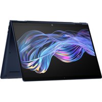 Hewlett Packard 14-inch convertible laptop, dark blue, with vibrant screen displaying colorful abstract design.