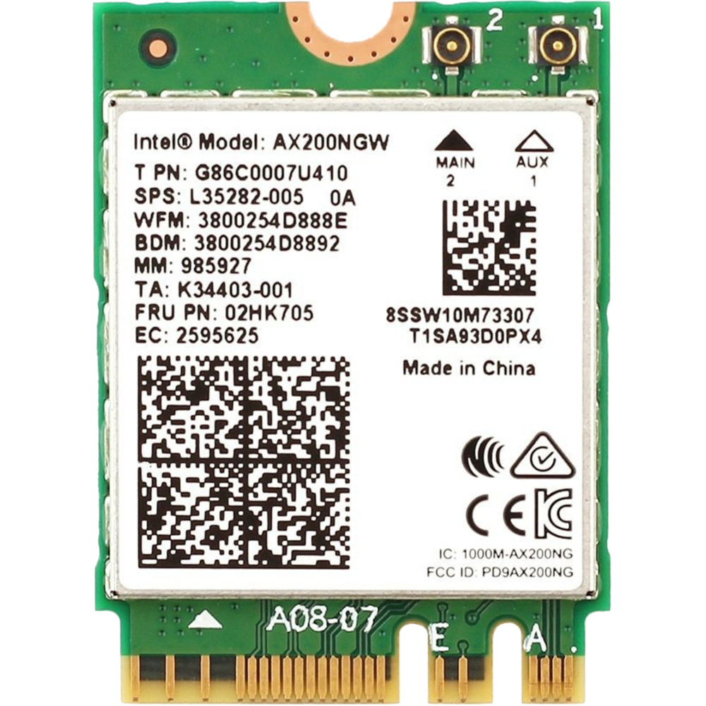 Intel Wi-Fi 6 AX200 internal WLAN card with a green circuit board, white label featuring model and serial numbers, and gold connectors for installation.
