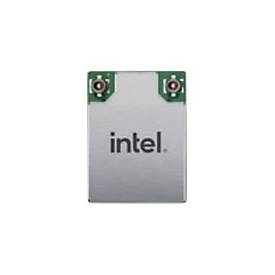 Silver rectangular internal WLAN card with green circuit board edges, featuring the Intel logo prominently displayed on the front, designed for Wi-Fi 6E AX210 connectivity.