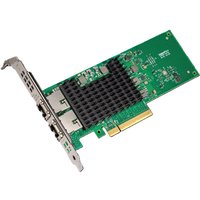 Green Intel X710-T2L Ethernet card with dual ports and black heatsink.