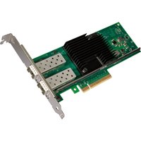 Intel X710DA2 network card, green circuit board, dual fiber ports, black heatsink, PCIe connector.