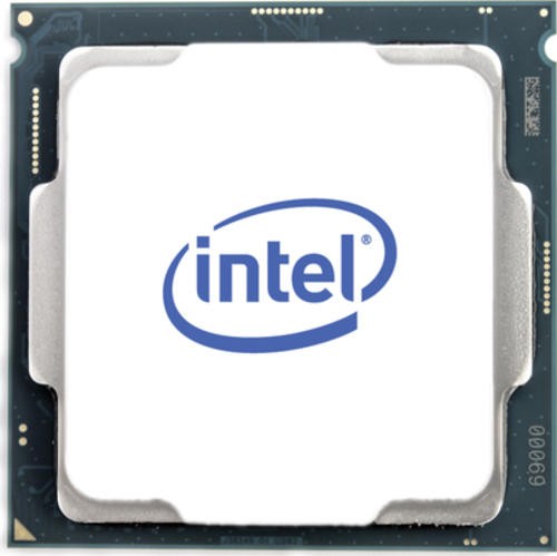 Intel Xeon 5222 processor featuring a silver and white design with the Intel logo, mounted on a dark blue tray with gold contacts on the underside.