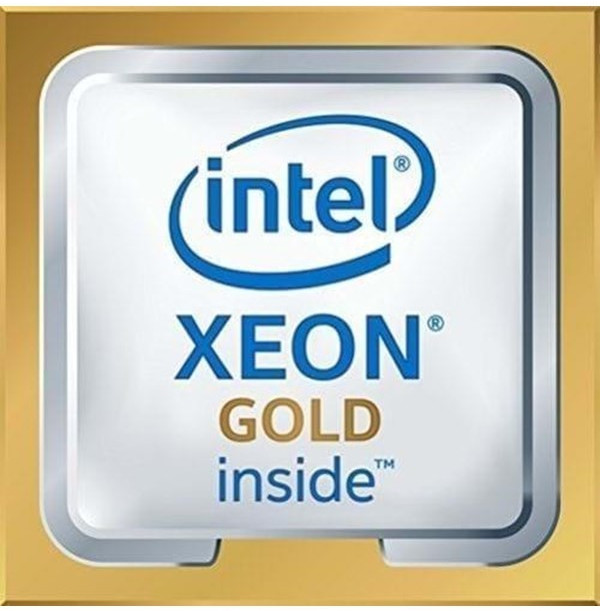 Intel Xeon Gold processor in a silver and gold tray with the Intel logo, featuring "XEON GOLD inside" text, designed for high-performance computing applications.