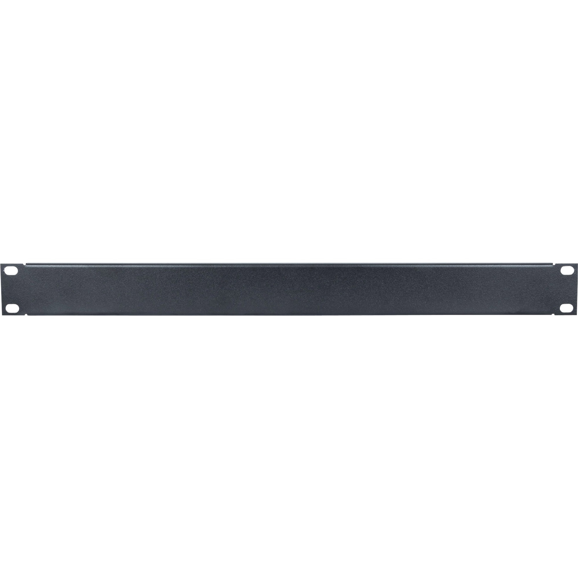 Black 1U blank panel designed for 19" racks, featuring a smooth metal surface and mounting holes on each end for secure installation.