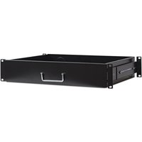 Black Intellinet 19" drawer shelf, 2U, 350mm depth, metal handle, rack mountable, supports up to 30kg.