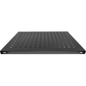 Black heavy-duty 1U fixed shelf with 800mm depth, featuring a perforated design for ventilation and sturdy construction for reliable support.