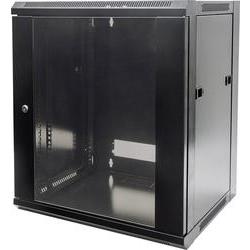 Black 19" wall-mounted network cabinet with a transparent glass door, 15U height, and ventilated sides, designed for secure equipment storage.