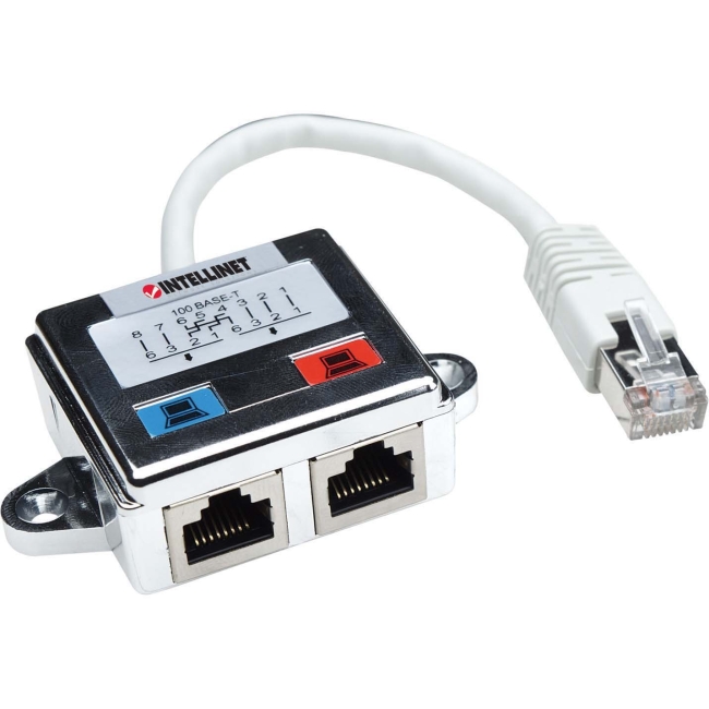 Silver and white Intellinet 504195 RJ45 adapter with one plug and two sockets, featuring a plastic casing and a short, flexible cable for network connections.
