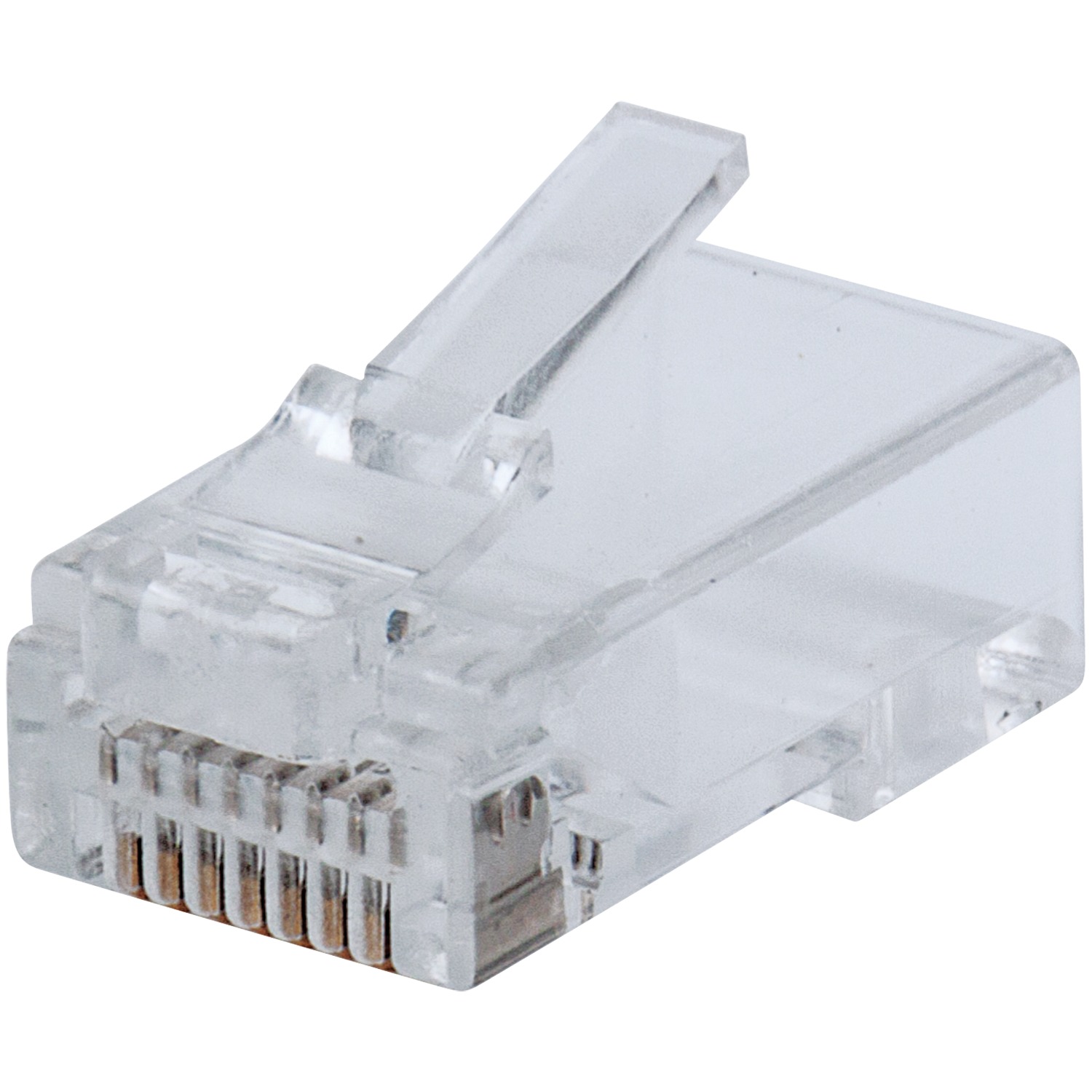 Transparent RJ45 wire connector with a clear plastic body and a locking clip, featuring eight metal pins for secure Ethernet connections.