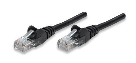 Black Intellinet Cat5e network patch cable, 0.25m long, featuring CCA material, U/UTP configuration, and PVC insulation, with clear connectors on both ends.
