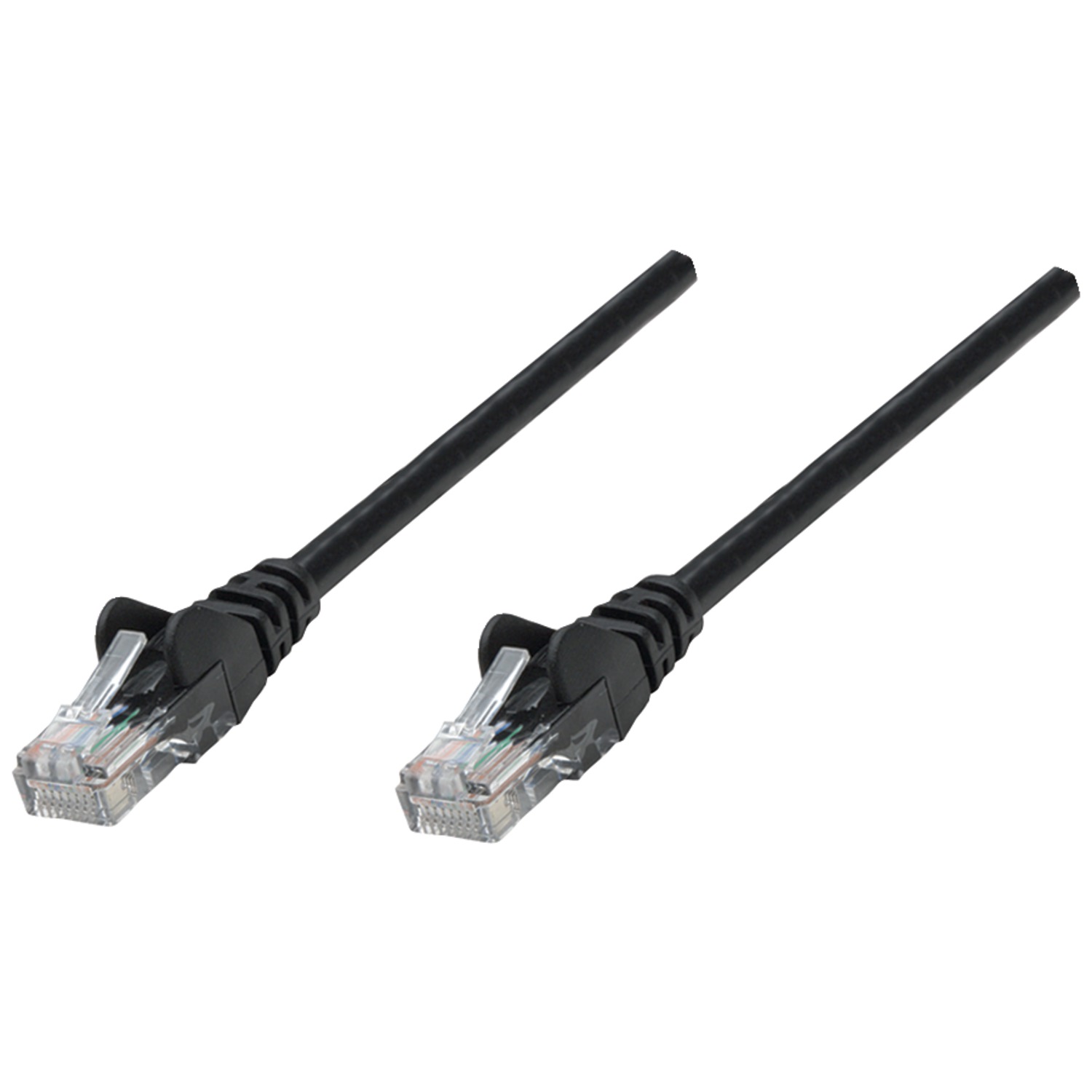 Black 1.50-meter RJ45 network cable patch with U/UTP design, featuring clear plastic connectors at both ends for secure connections.