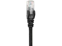 Black 10m Cat5e network patch cable featuring CCA material, U/UTP design, snagless booted connector, and gold-plated RJ45 contacts, packaged in a polybag.