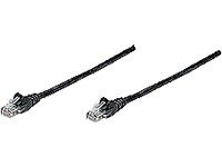 Black Intellinet Cat5e network patch cable, 20m long, made of CCA with U/UTP PVC insulation, featuring RJ connectors on both ends.