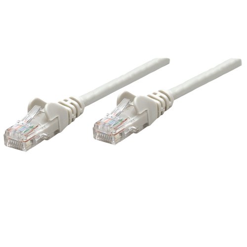 Grey 20m Cat5e network patch cable with CCA material, U/UTP design, PVC insulation, RJ45 connectors, gold-plated contacts, and snagless booted ends.