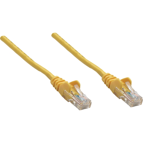 Yellow Intellinet Cat5e network patch cable, 2 meters long, featuring CCA material, U/UTP configuration, PVC insulation, and RJ connectors on both ends.