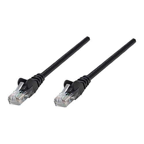 Black Intellinet Cat5e network patch cable, 3 meters long, made of CCA material with U/UTP configuration, featuring clear RJ45 connectors on both ends.
