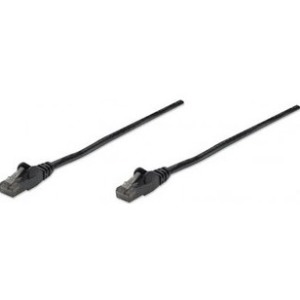 Black 0.5m Cat6 network patch cable featuring CCA material, U/UTP design, PVC insulation, RJ45 connectors with gold-plated contacts, and snagless booted ends.