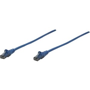 Blue Intellinet Cat6 network patch cable, 0.5m long, made of CCA material, featuring U/UTP configuration and PVC insulation, with RJ45 connectors on both ends.