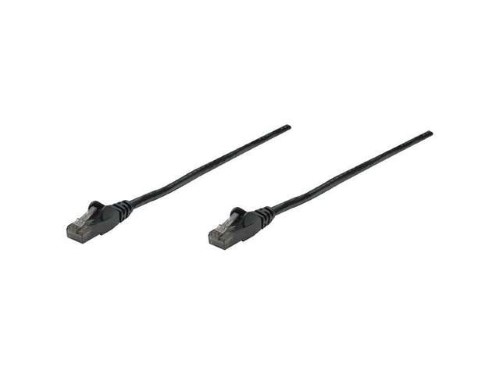 Black Intellinet Cat6 network patch cable, 1.5m long, made of CCA with U/UTP PVC insulation, featuring snagless booted RJ45 connectors and gold-plated contacts.