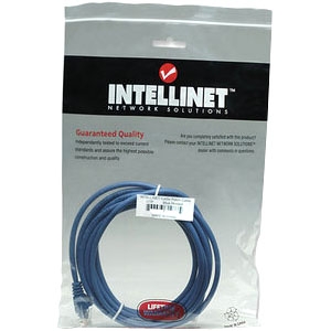 Blue Intellinet CAT 6 RJ45 network patch cable, 1.50 meters long, packaged with a clear plastic cover, featuring a label highlighting guaranteed quality and network solutions.