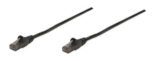 Black Cat6 network patch cable, 10m long, featuring CCA U/UTP PVC material, RJ45 connectors with gold-plated contacts, and snagless booted design.