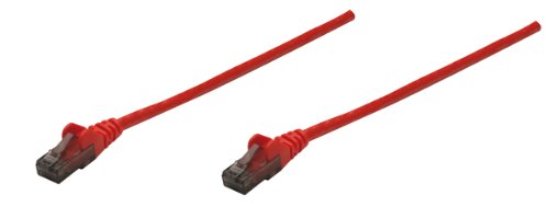 Red 10m Intellinet Cat6 network patch cable with CCA material, U/UTP design, PVC insulation, and RJ45 connectors on both ends.